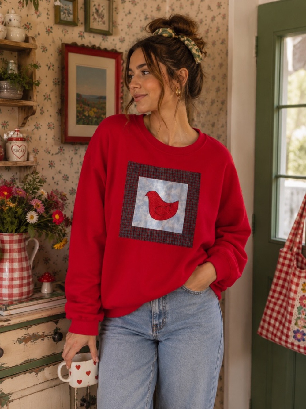 Red Crewneck Sweater with Quilted Bird Patch